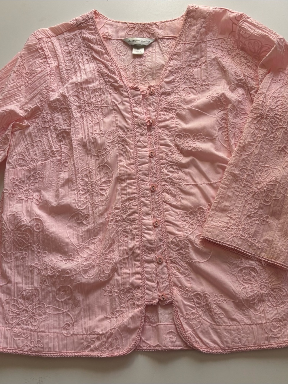 Christopher & Banks button front top  intricate floral embroidery XL pink - Picture 9 of 14